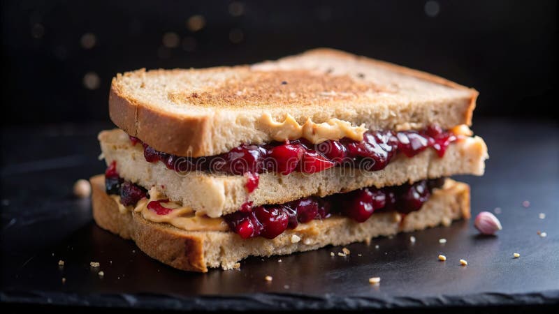 Delizioso sandwich al burro di arachidi e alla gelatina impilati su una tavola di ardesia scura in una cucina ben illuminata. aizi illustrazione di stock