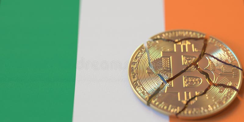 Delmynt som är brutet på Irland. juridiska frågor och kryptovalutaregleringsproblem problem begrepp 3d-rendering. Brutet bitmynt på flaggan. juridiska frågor och problem med kryptovalutaregler