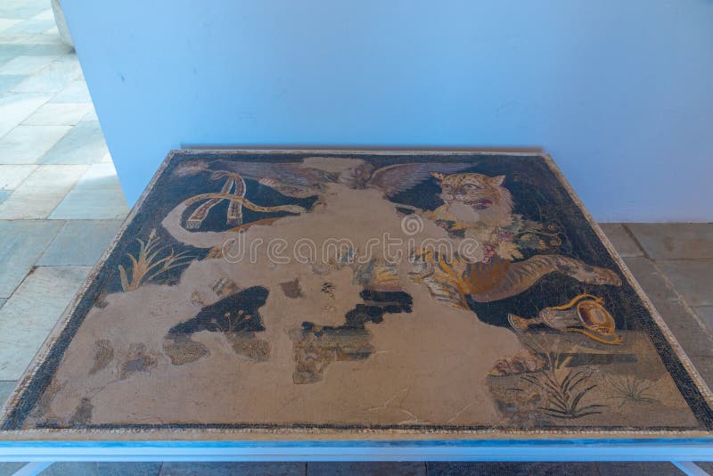 Delos, Greece, September 27, 2020: Mosaics of Dionysos riding a stock photos