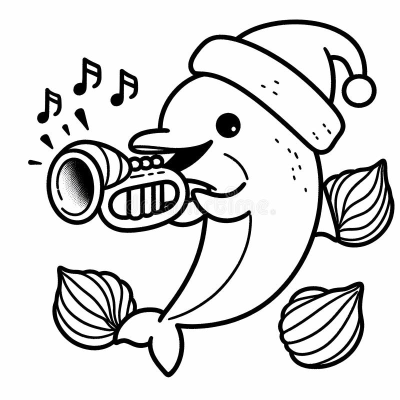 Delphin spelar julmusik på årstids-trumpeter. stock illustrationer