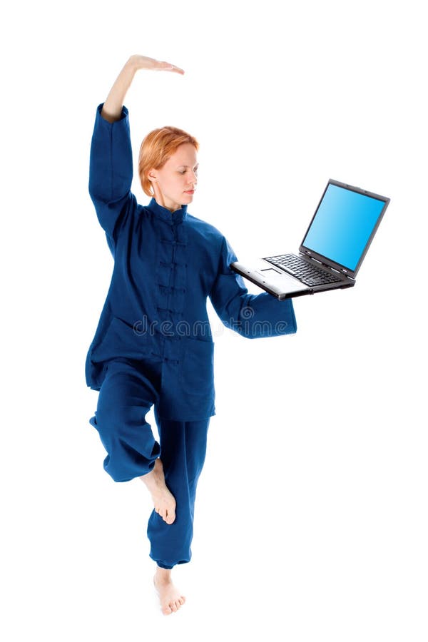 Young woman in kimono attend yoga with laptop on white background. Young woman in kimono attend yoga with laptop on white background