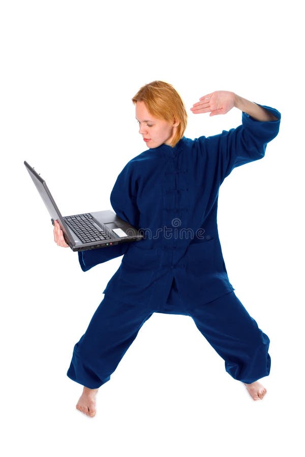 Young woman in kimono attend yoga with laptop on white background. Young woman in kimono attend yoga with laptop on white background
