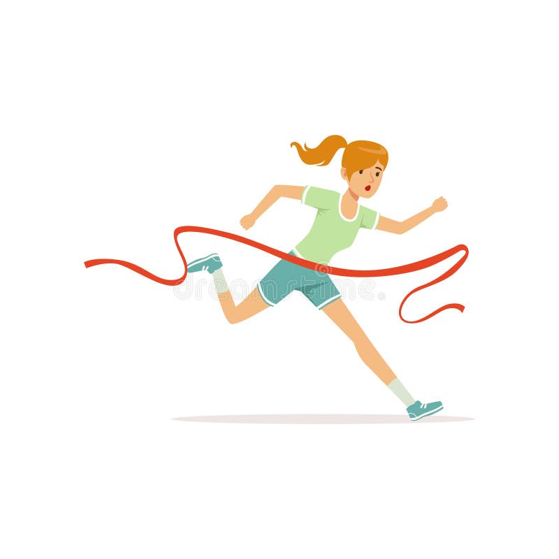 Female athlete taking part in running marathon. Cartoon woman character cross finish line with red tape. Girl runner in shorts and t-shirt. Isolated flat design vector illustration. Female athlete taking part in running marathon. Cartoon woman character cross finish line with red tape. Girl runner in shorts and t-shirt. Isolated flat design vector illustration