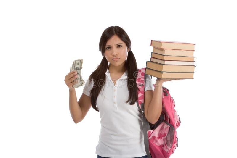 Ethnic Hispanic college student with notebook and backpack holds pile 100 (one hundred) dollar bills happy getting money frustrated by exuberant raising tuition cost and unaffordable education forcing into debt. Ethnic Hispanic college student with notebook and backpack holds pile 100 (one hundred) dollar bills happy getting money frustrated by exuberant raising tuition cost and unaffordable education forcing into debt