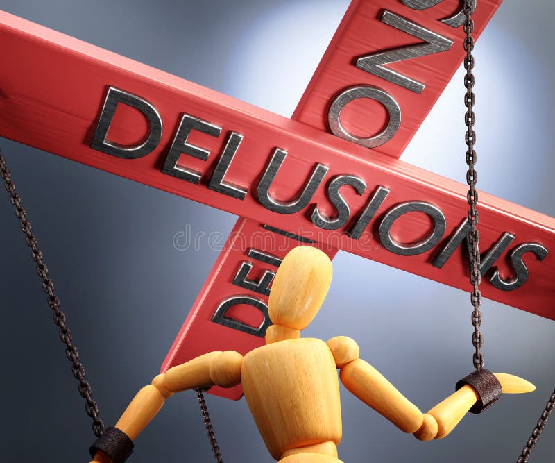 Delusions control, power, authority and manipulation symbolized by control bar with word Delusions pulling the strings chains of royalty free illustration