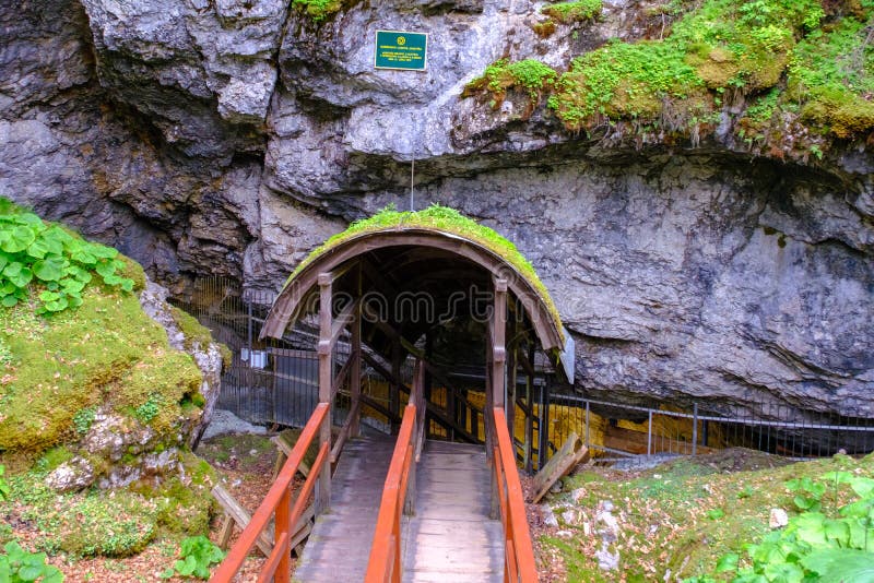 Demanovska Ice Cave, Slovakia - August 21, 2022: Entrance to the ice cave Slovakia, great temperature contrast.