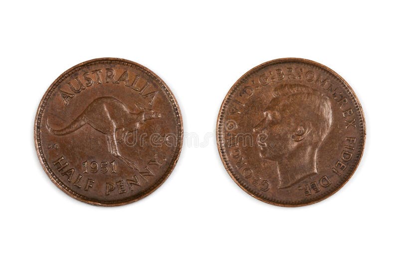 Old 1951 Australian half penny coin, front and back, isolated on white. Pre-decimal copper. Old 1951 Australian half penny coin, front and back, isolated on white. Pre-decimal copper.