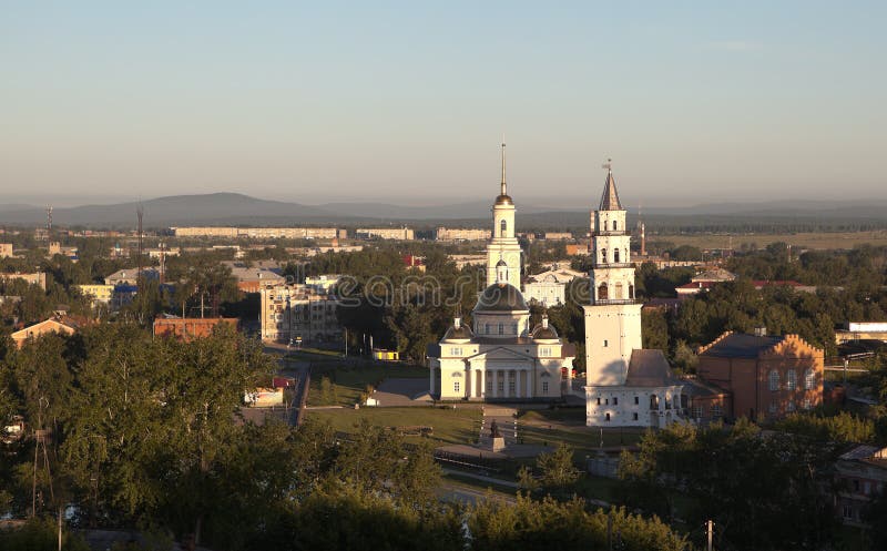 Demidov inclined tower and the Transfiguration of the Savior Cathedral. Nevyansk. Russia.