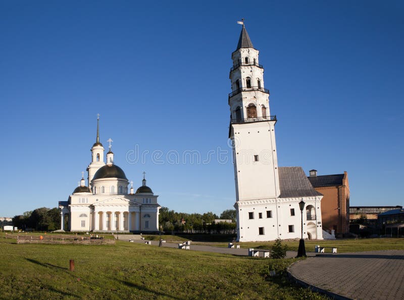 Demidov inclined tower and the Transfiguration of the Savior Cathedral. Nevyansk. Russia.