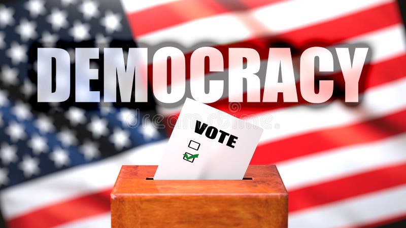 Democracia e votação nos EUA, figurada como urna com bandeira americana no fundo e uma frase Democracia para simbolizar