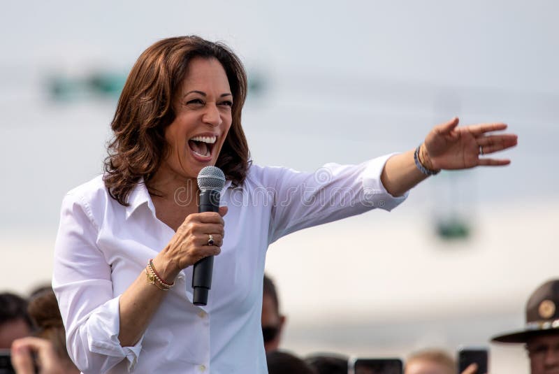 Des Moines, Iowa / USA - August 10, 2019: United States Senator and Democratic presidential candidate Kamala Harris greets supporters at the Iowa State Fair political soapbox in Des Moines, Iowa