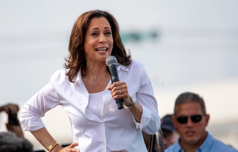 Des Moines, Iowa / USA - August 10, 2019: United States Senator and Democratic presidential candidate Kamala Harris greets supporters at the Iowa State Fair political soapbox in Des Moines, Iowa