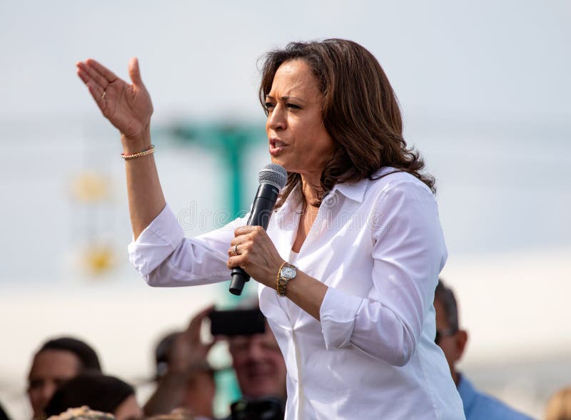 Des Moines, Iowa / USA - August 10, 2019: United States Senator and Democratic presidential candidate Kamala Harris greets supporters at the Iowa State Fair political soapbox in Des Moines, Iowa. Des Moines, Iowa / USA - August 10, 2019: United States Senator and Democratic presidential candidate Kamala Harris greets supporters at the Iowa State Fair political soapbox in Des Moines, Iowa