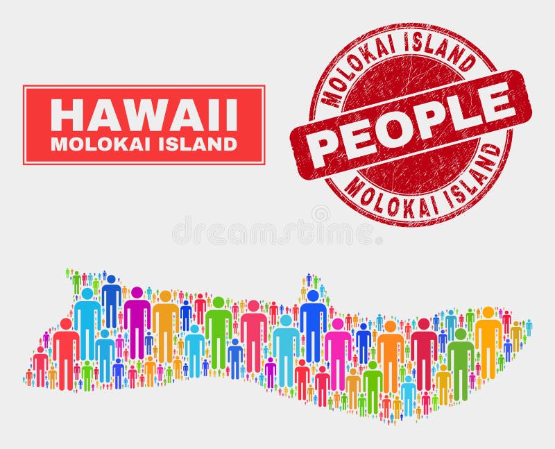 Molokai Island Map Population People and Textured Stamp Stock Vector