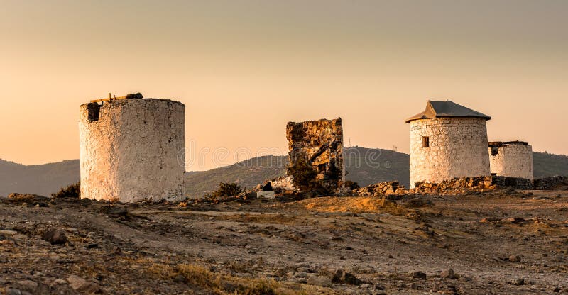 Old Windmills in Bodrum at dusk