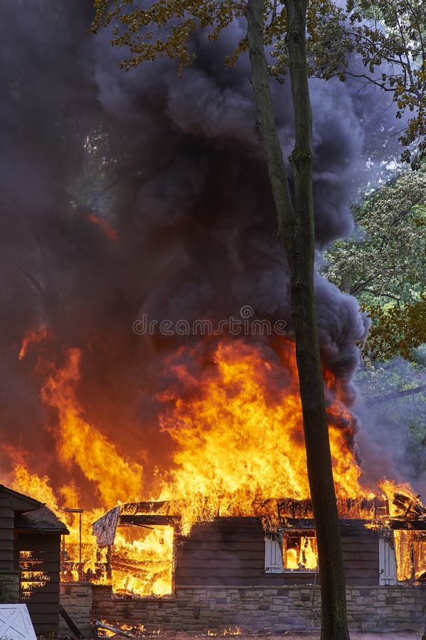 Demolition house fire for firemen. stock photography