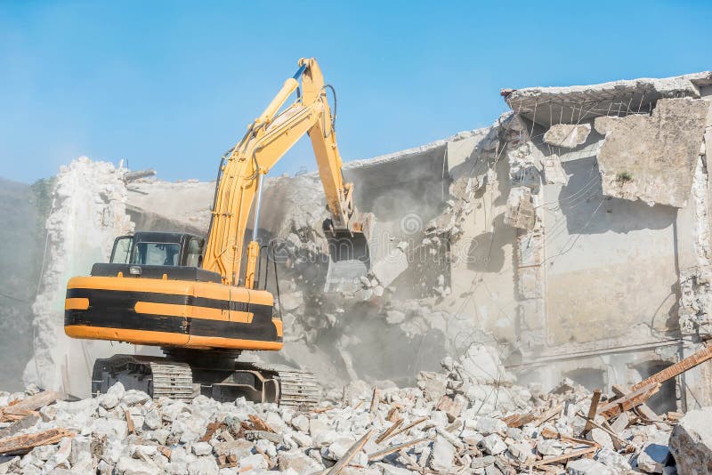 Demolition of an Old House with Excavator Stock Image Image of