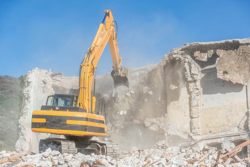 Demolition of an Old House with Excavator Stock Image Image of