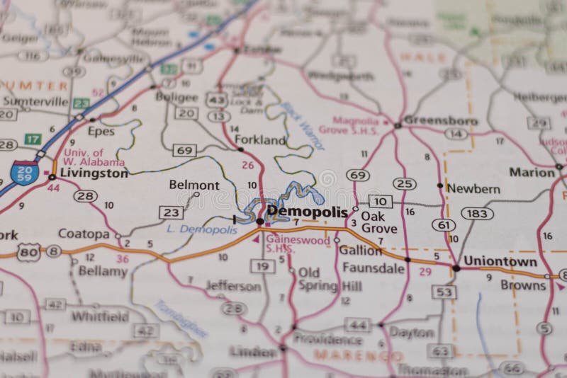 Demopolis Alabama Upclose Em Um Mapa Foto de Stock Imagem de cidade
