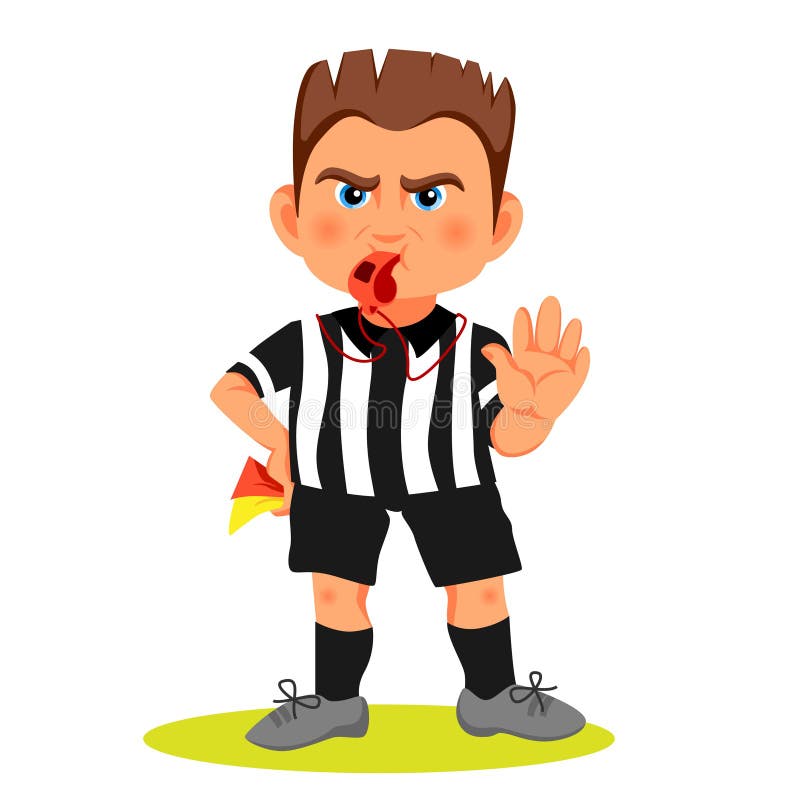 Demostración del árbitro del fútbol que silba que para la mano durante el partido, ejemplo humano del vector del carácter Histori stock de ilustración Demostración del árbitro del fútbol que silba que para la mano durante el partido, ejemplo humano del vector del carácter Histori stock de ilustración