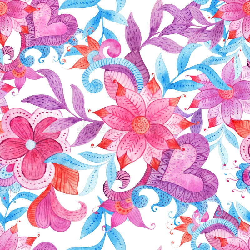 Den abstrakta sömlösa blom- modellen med den färgrika handen målad vattenfärgfantasi lämnar och blommar royaltyfri illustrationer Den abstrakta sömlösa blom- modellen med den färgrika handen målad vattenfärgfantasi lämnar och blommar royaltyfri illustrationer