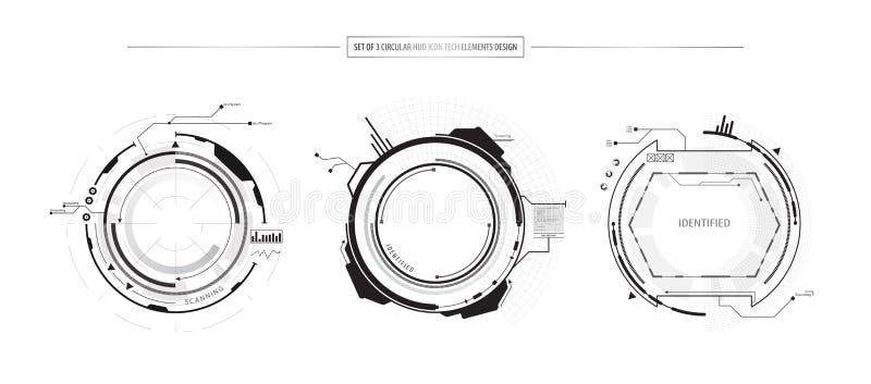 Den abstrakta uppsättningen av 3 beståndsdelar för begrepp för HUD UI symbolsinnovation planlägger på vit bakgrund vektor illustrationer
