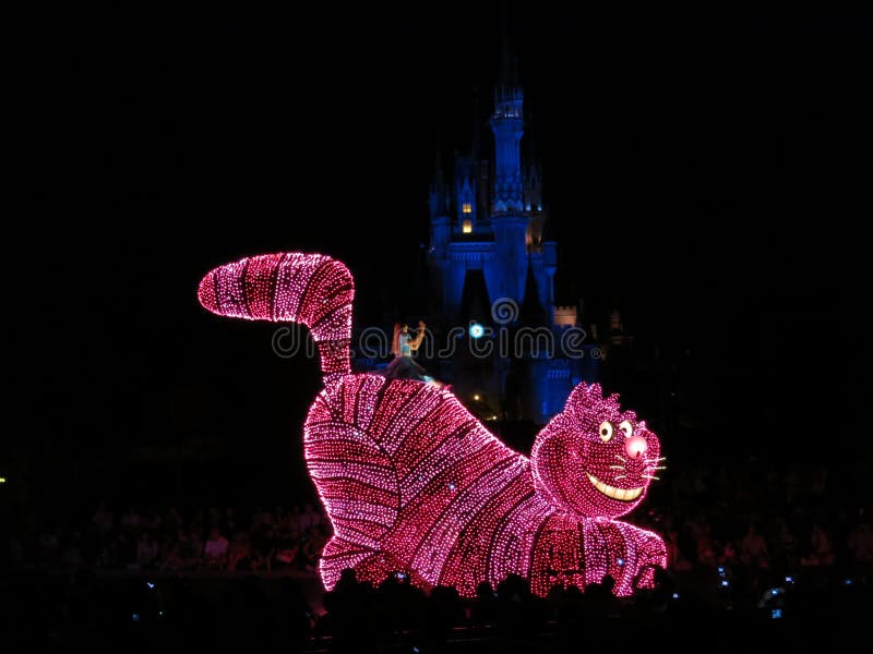 Den Alice och Chieshire katten i Disney natt ståtar arkivfoton Den Alice och Chieshire katten i Disney natt ståtar arkivfoton