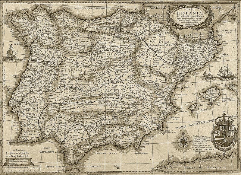 Den antika Spanien och Portugal översikten i sepia tonar royaltyfri foto Den antika Spanien och Portugal översikten i sepia tonar royaltyfri foto