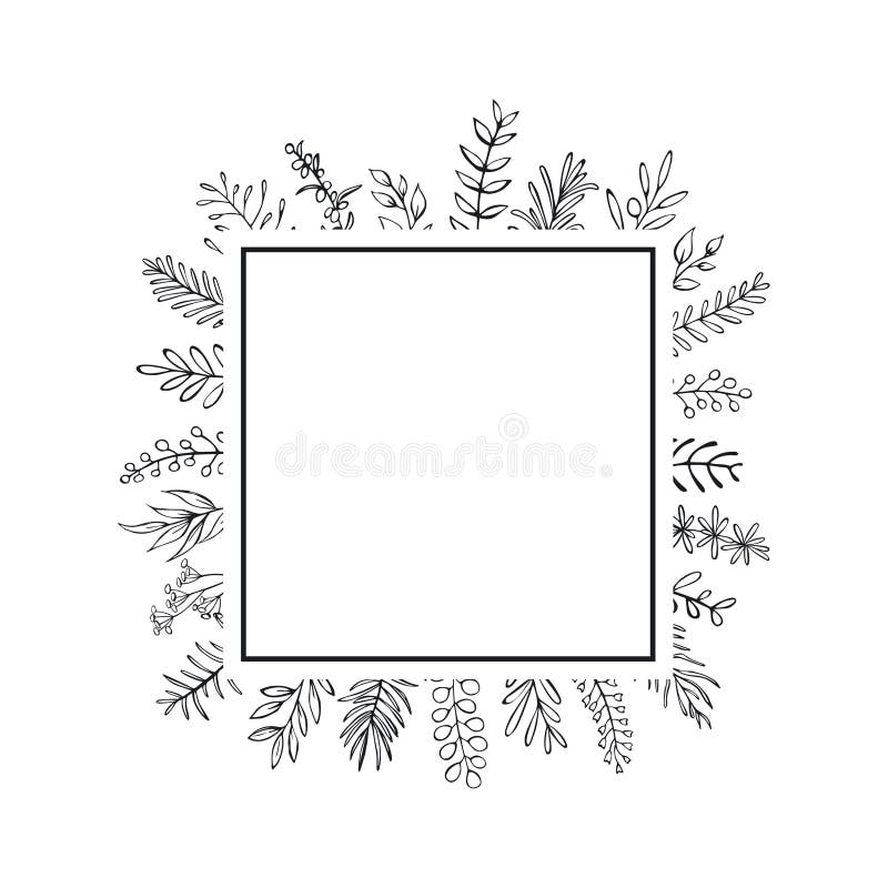 Floral hand drawn farmhouse style outlined twigs branches square frame black and white background. Floral hand drawn farmhouse style outlined twigs branches square frame black and white background