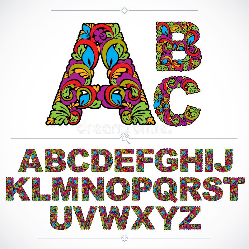Den blom- stilsorten, hand-drog vektorhuvudalfabetbokstäver dekorerar royaltyfri illustrationer Den blom- stilsorten, hand-drog vektorhuvudalfabetbokstäver dekorerar royaltyfri illustrationer