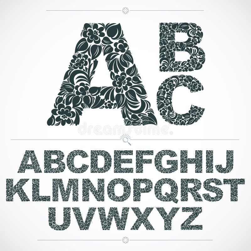 Den blom- stilsorten, hand-drog vektorhuvudalfabetbokstäver dekorerar vektor illustrationer Den blom- stilsorten, hand-drog vektorhuvudalfabetbokstäver dekorerar vektor illustrationer