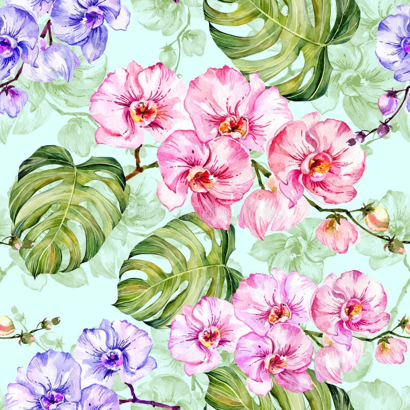 Den blåa och rosa orkidén blommar med översikter och stora gröna monsterasidor på ljus - blå bakgrund seamless modell royaltyfri illustrationer