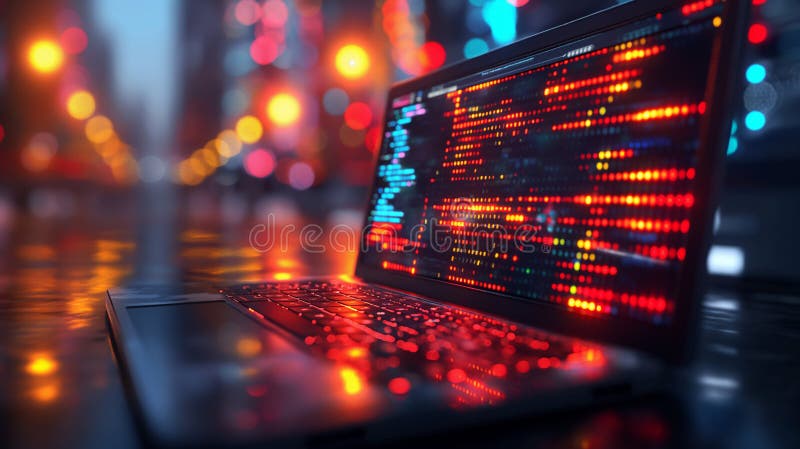 Den bärbara datorn sitter mot en abstrakt bakgrund av programmering och finansmarknader. ai genererad.