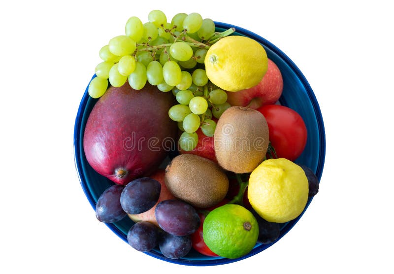 Den bästa sikten av krukmakeribunken fyllde med nya frukter som isolerades på vit royaltyfri foto Den bästa sikten av krukmakeribunken fyllde med nya frukter som isolerades på vit royaltyfri foto