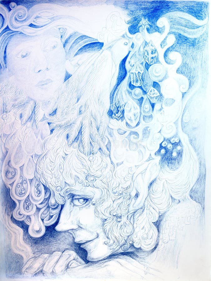 Den dekorativa detaljerade teckningen av elven manhuvudet royaltyfri illustrationer