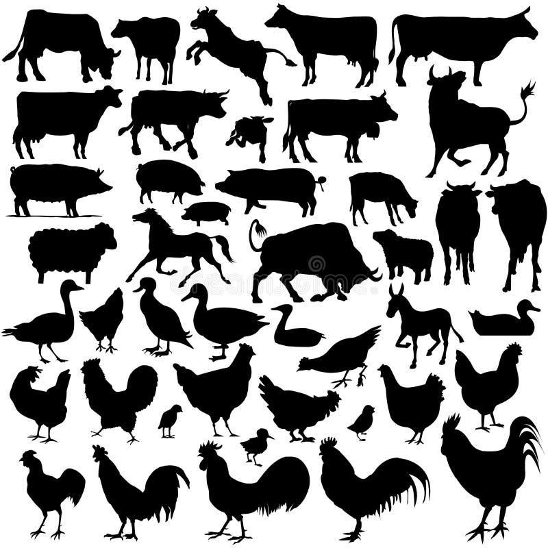 Den djura detaljerade lantgården silhouettes vectoral