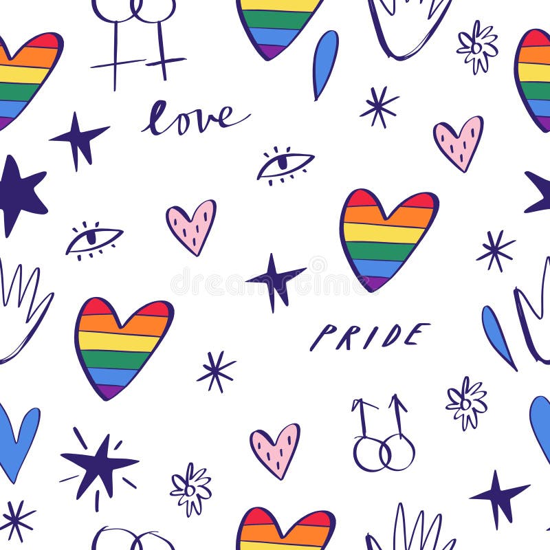 Abstract hand drawn doodles seamless pattern. Pride, love and peace lettering, rainbow hearts. Gay parade wallpaper. LGBTQ rights symbol. Background, textile, fabric print. Vector illustration. Abstract hand drawn doodles seamless pattern. Pride, love and peace lettering, rainbow hearts. Gay parade wallpaper. LGBTQ rights symbol. Background, textile, fabric print. Vector illustration