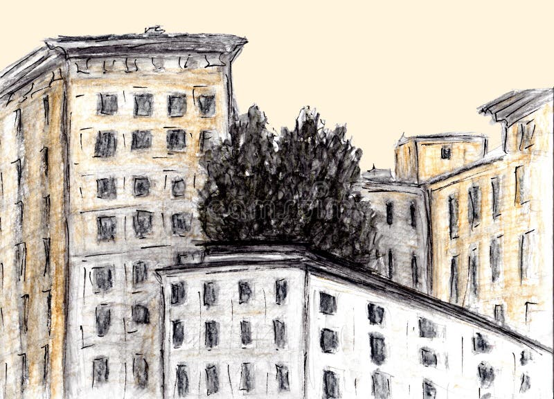 Den drog handen skissar av byggnad Vattenfärg- och kolteknik Illustration av hus i den europeiska gamla staden Tappninglopp royaltyfri illustrationer Den drog handen skissar av byggnad Vattenfärg- och kolteknik Illustration av hus i den europeiska gamla staden Tappninglopp royaltyfri illustrationer