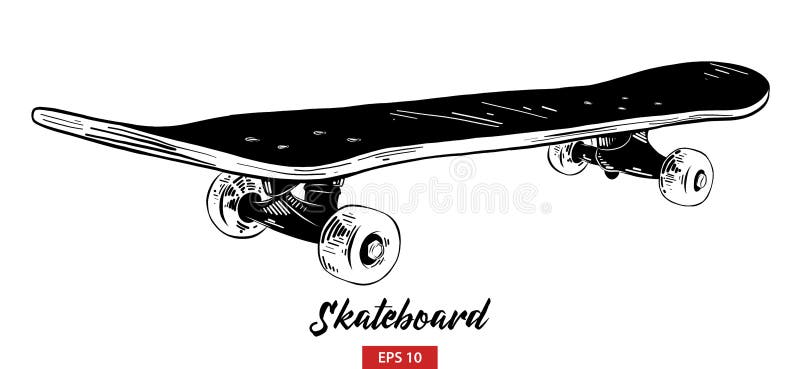 Den drog handen skissar av skateboarden i svart som isoleras på vit bakgrund Detaljerad teckning för tappningetsningstil vektor illustrationer