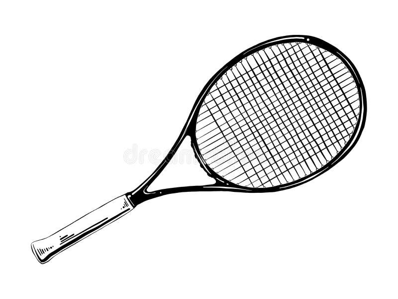 Den drog handen skissar av tennisracket i svart som isoleras på vit bakgrund Detaljerad teckning för tappningetsningstil