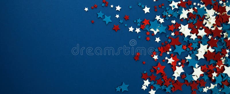 Den 4:e july american självständighetsdagen stjärnor dekorationer på blå bakgrund. platt, övre vy.