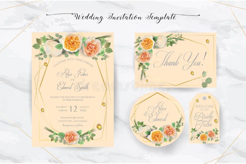 Den eleganta blom- gifta sig inbjudan inviterar, tacka dig, rsvp, sparar datumet, brud- duschkort royaltyfri illustrationer Den eleganta blom- gifta sig inbjudan inviterar, tacka dig, rsvp, sparar datumet, brud- duschkort royaltyfri illustrationer