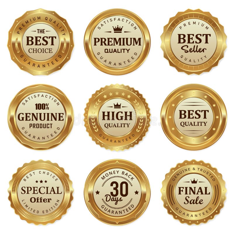 Den eleganta guld- skyddsremsan märker den kvalitets- produkten vektor illustrationer