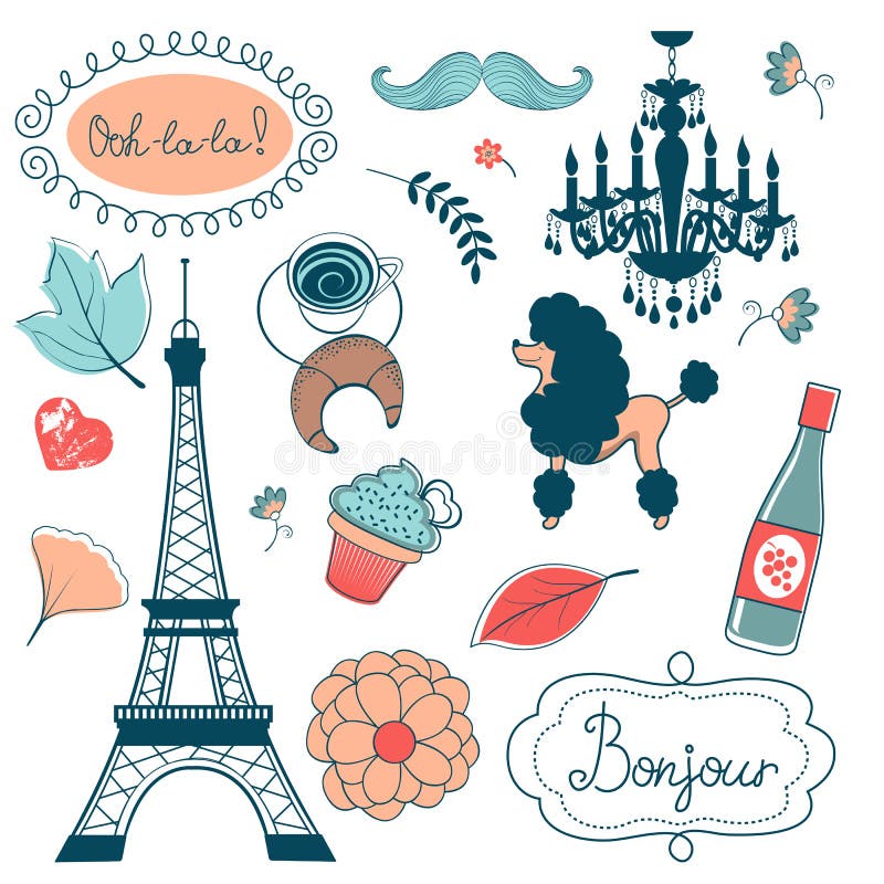 Elegant set with Eiffel tower flowers birds cupcakes and other graphic elements. Vector illustration. Elegant set with Eiffel tower flowers birds cupcakes and other graphic elements. Vector illustration