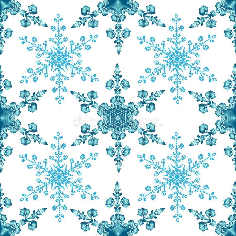 Den festliga sömlösa modellen med blått färgade snöflingor på vit bakgrund stock illustrationer Den festliga sömlösa modellen med blått färgade snöflingor på vit bakgrund stock illustrationer