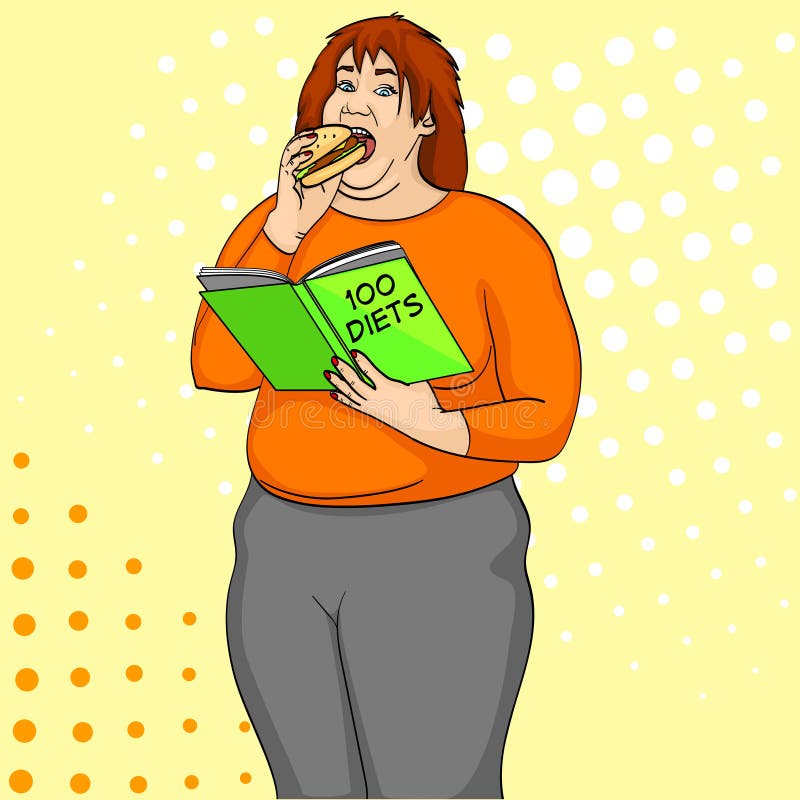 Den feta flickan äter hamburgaren och läser boken om hur man förlorar den retro vektorn för viktpopkonst Humorbokstilefterföljd stock illustrationer