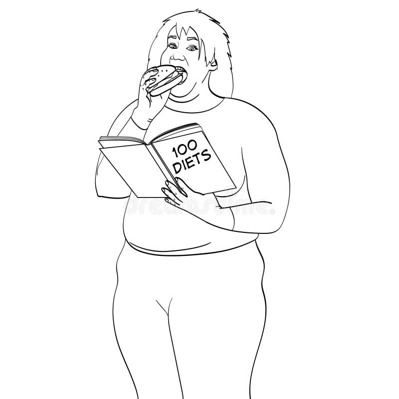 Den feta flickan äter hamburgaren och läser boken om hur man förlorar viktobjekt som isoleras på den vita bakgrundsvektorn Barn o stock illustrationer