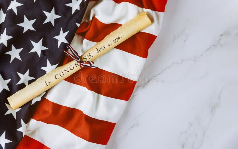 Fourth of July Day. Declaration of Independence parchment roll document with US flag on white background. Fourth of July Day. Declaration of Independence parchment roll document with US flag on white background