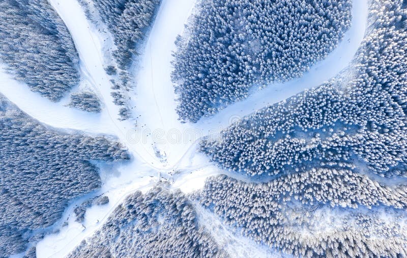 Den flyg- sikten på lutningen skidar på semesterorten Skog och att skida lutning från luft Vinterlandskap från ett surr Det snöig royaltyfri bild