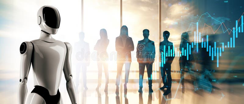Den framtida humana roboten med affärslag och finansiella datablad i den moderna kontorsmiljön vid soluppgången symboliserar arkivfoton